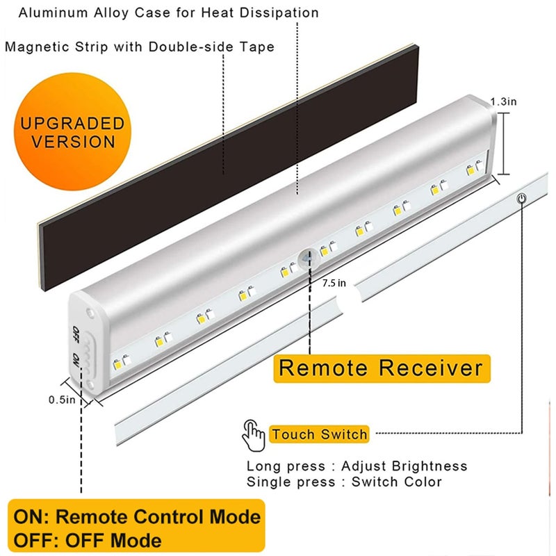 Diomart Remote Control Under Cabinet Lighting Wireless 6 Pack, 20-LED Dimmable Closet Lights Rechargeable Under Counter Light, Stick on Touch Night Light Strip Bar for Kitchen Stairway Bedroom, 3 Colors - Image 3